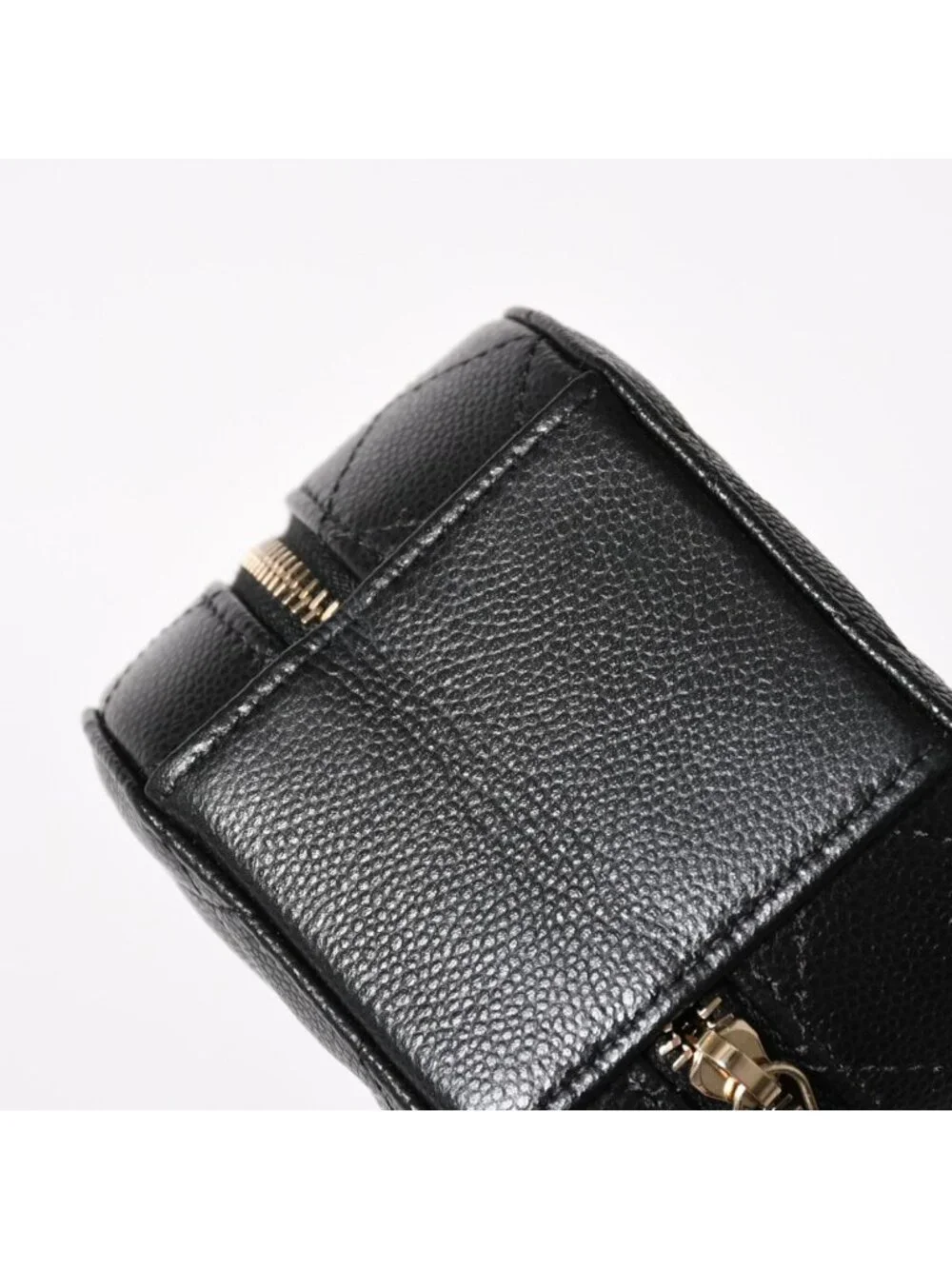 Chanel Small Round Vanity Bag Handbag Stand CC Logo Caviar Leather Black